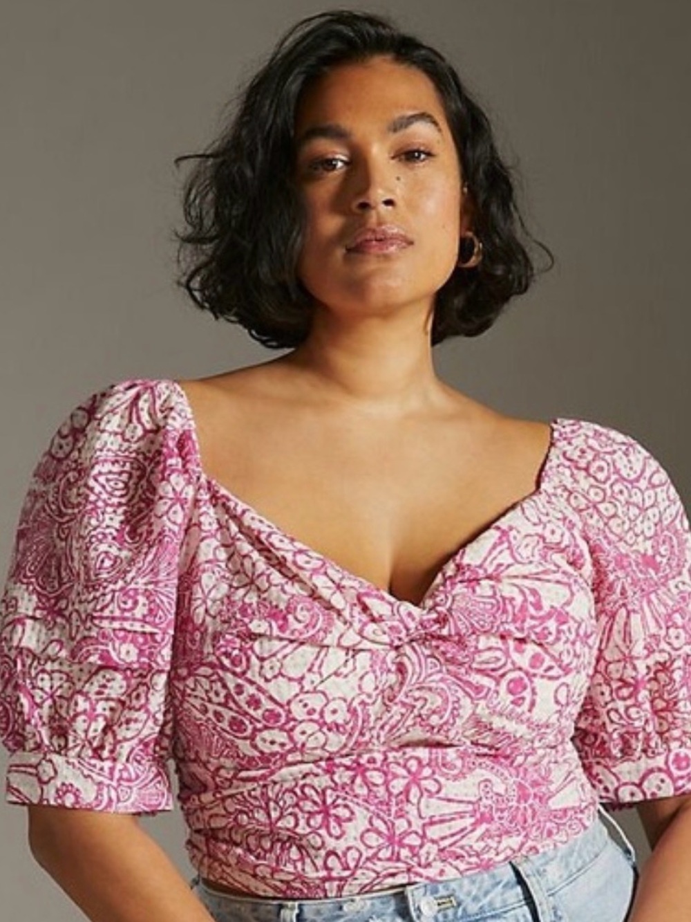 Anthropologie Pink Paisley Puff-Sleeve Sweetheart Top